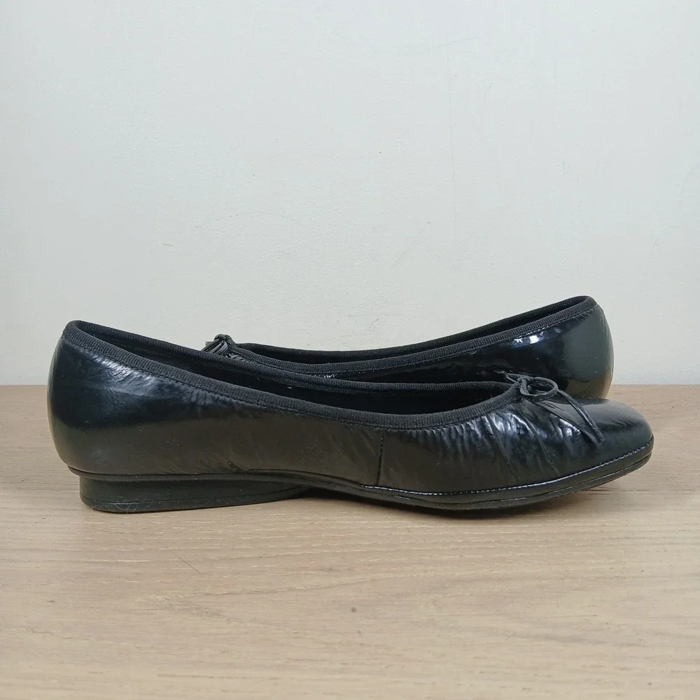 Geox Ballet Flats Womens 38 Black Patent Leather Square Toe Bow Low Wedge Shoe